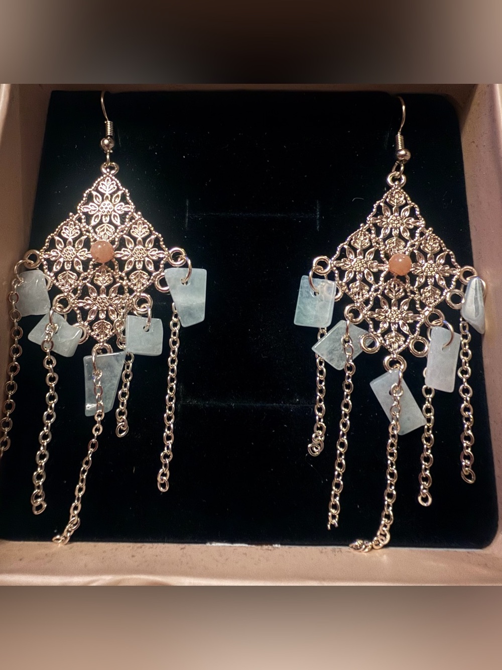 Filigree Chandelier Drop Jadeite Earrings with Aqua and Peach/gold Accents